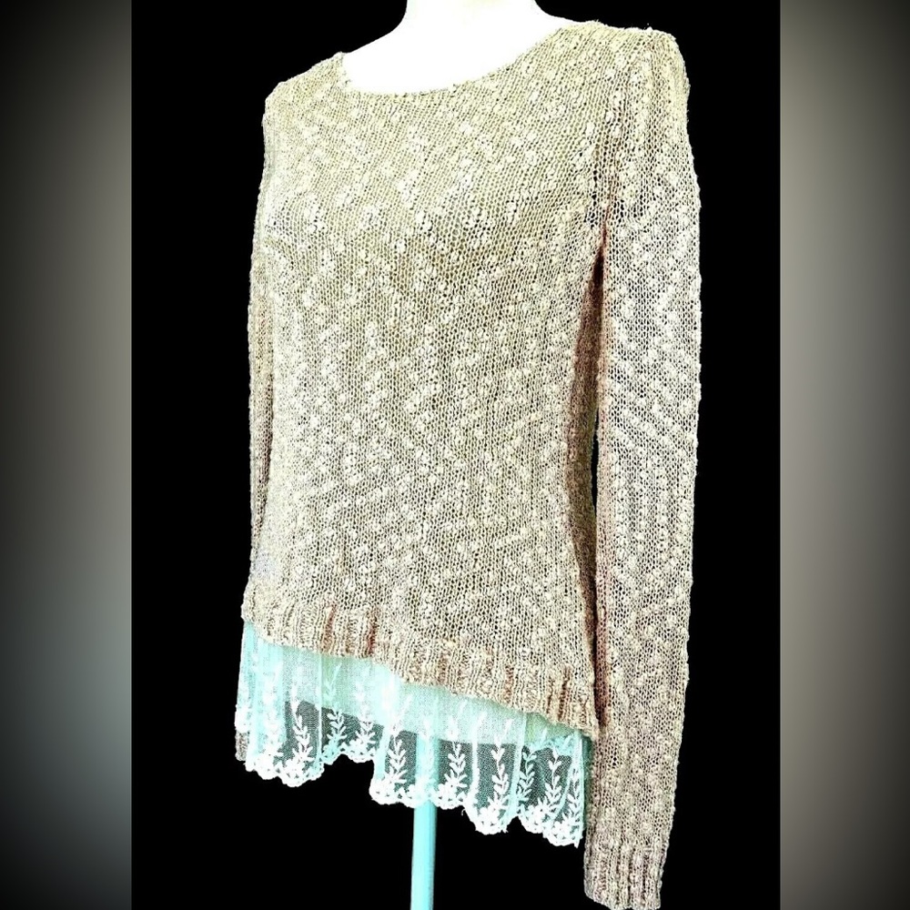 OhMG! Peachy Pink Light Sweater Knit Top White Lace Layered look,Pretty,…